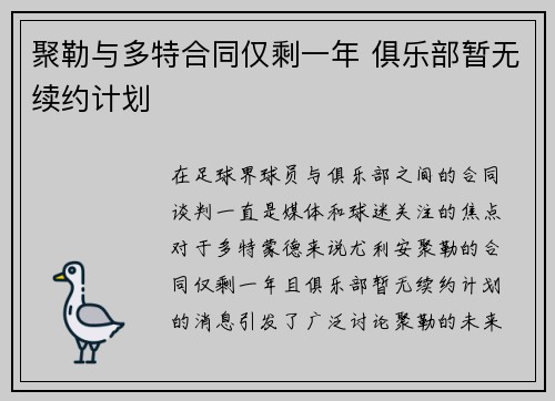 聚勒与多特合同仅剩一年 俱乐部暂无续约计划